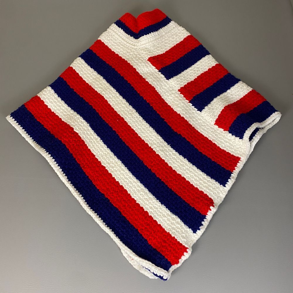 Handmade Patriotic Striped Crochet Shawl Cape Red White Blue Ultra Heavy Warm